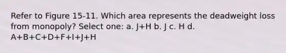 Refer to Figure 15-11. Which area represents the deadweight loss from monopoly? Select one: a. J+H b. J c. H d. A+B+C+D+F+I+J+H