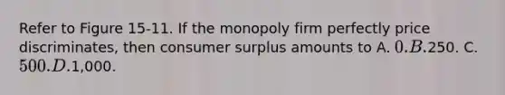 Refer to Figure 15-11. If the monopoly firm perfectly price discriminates, then consumer surplus amounts to A. 0. B.250. C. 500. D.1,000.