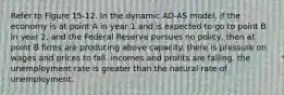 Refer to Figure 15-12. In the dynamic AD-AS model, if the economy is at point A in year 1 and is expected to go to point B in year 2, and the Federal Reserve pursues no policy, then at point B firms are producing above capacity. there is pressure on wages and prices to fall. incomes and profits are falling. the unemployment rate is greater than the natural rate of unemployment.