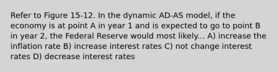 Refer to Figure 15-12. In the dynamic AD-AS model, if the economy is at point A in year 1 and is expected to go to point B in year 2, the Federal Reserve would most likely... A) increase the inflation rate B) increase interest rates C) not change interest rates D) decrease interest rates