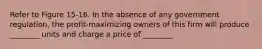 Refer to Figure 15-16. In the absence of any government regulation, the profit-maximizing owners of this firm will produce ________ units and charge a price of ________