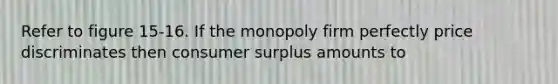 Refer to figure 15-16. If the monopoly firm perfectly price discriminates then consumer surplus amounts to