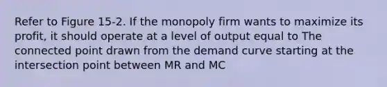 Refer to Figure 15-2. If the monopoly firm wants to maximize its profit, it should operate at a level of output equal to The connected point drawn from the demand curve starting at the intersection point between MR and MC