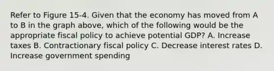 Refer to Figure 15-4. Given that the economy has moved from A to B in the graph above, which of the following would be the appropriate fiscal policy to achieve potential GDP? A. Increase taxes B. Contractionary fiscal policy C. Decrease interest rates D. Increase government spending