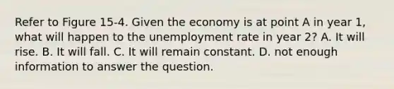 Refer to Figure 15-4. Given the economy is at point A in year 1, what will happen to the unemployment rate in year 2? A. It will rise. B. It will fall. C. It will remain constant. D. not enough information to answer the question.