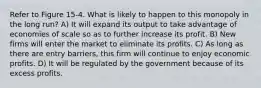 Refer to Figure 15-4. What is likely to happen to this monopoly in the long run? A) It will expand its output to take advantage of economies of scale so as to further increase its profit. B) New firms will enter the market to eliminate its profits. C) As long as there are entry barriers, this firm will continue to enjoy economic profits. D) It will be regulated by the government because of its excess profits.