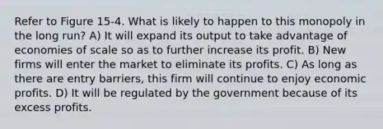 Refer to Figure 15-4. What is likely to happen to this monopoly in the long run? A) It will expand its output to take advantage of economies of scale so as to further increase its profit. B) New firms will enter the market to eliminate its profits. C) As long as there are entry barriers, this firm will continue to enjoy economic profits. D) It will be regulated by the government because of its excess profits.