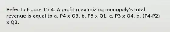 Refer to Figure 15-4. A profit-maximizing monopoly's total revenue is equal to a. P4 x Q3. b. P5 x Q1. c. P3 x Q4. d. (P4-P2) x Q3.