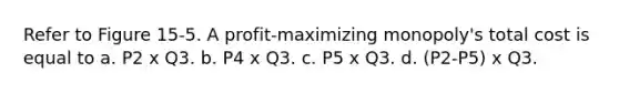 Refer to Figure 15-5. A profit-maximizing monopoly's total cost is equal to a. P2 x Q3. b. P4 x Q3. c. P5 x Q3. d. (P2-P5) x Q3.