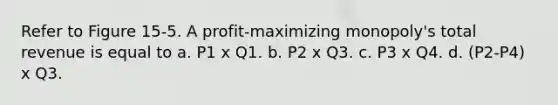 Refer to Figure 15-5. A profit-maximizing monopoly's total revenue is equal to a. P1 x Q1. b. P2 x Q3. c. P3 x Q4. d. (P2-P4) x Q3.