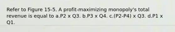 Refer to Figure 15-5. A profit-maximizing monopoly's total revenue is equal to a.P2 x Q3. b.P3 x Q4. c.(P2-P4) x Q3. d.P1 x Q1.