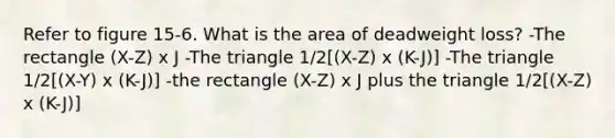 Refer to figure 15-6. What is the area of deadweight loss? -The rectangle (X-Z) x J -The triangle 1/2[(X-Z) x (K-J)] -The triangle 1/2[(X-Y) x (K-J)] -the rectangle (X-Z) x J plus the triangle 1/2[(X-Z) x (K-J)]