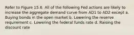 Refer to Figure 15.6. All of the following Fed actions are likely to increase the aggregate demand curve from AD1 to AD2 except a. Buying bonds in the open market b. Lowering the reserve requirement c. Lowering the federal funds rate d. Raising the discount rate