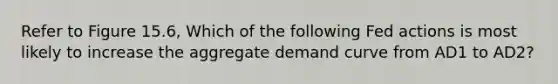 Refer to Figure 15.6, Which of the following Fed actions is most likely to increase the aggregate demand curve from AD1 to AD2?