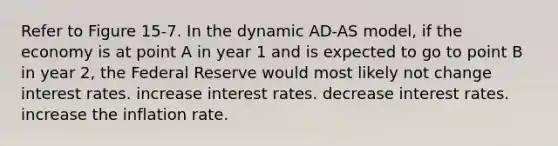 Refer to Figure 15-7. In the dynamic AD-AS model, if the economy is at point A in year 1 and is expected to go to point B in year 2, the Federal Reserve would most likely not change interest rates. increase interest rates. decrease interest rates. increase the inflation rate.