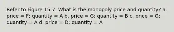 Refer to Figure 15-7. What is the monopoly price and quantity? a. price = F; quantity = A b. price = G; quantity = B c. price = G; quantity = A d. price = D; quantity = A