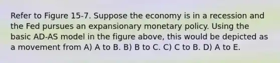 Refer to Figure 15-7. Suppose the economy is in a recession and the Fed pursues an expansionary monetary policy. Using the basic AD-AS model in the figure above, this would be depicted as a movement from A) A to B. B) B to C. C) C to B. D) A to E.