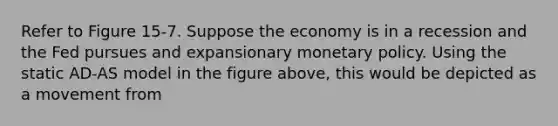 Refer to Figure 15-7. Suppose the economy is in a recession and the Fed pursues and expansionary monetary policy. Using the static AD-AS model in the figure above, this would be depicted as a movement from