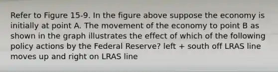 Refer to Figure 15-9. In the figure above suppose the economy is initially at point A. The movement of the economy to point B as shown in the graph illustrates the effect of which of the following policy actions by the Federal Reserve? left + south off LRAS line moves up and right on LRAS line