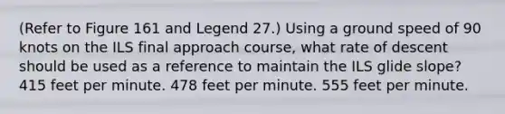 (Refer to Figure 161 and Legend 27.) Using a ground speed of 90 knots on the ILS final approach course, what rate of descent should be used as a reference to maintain the ILS glide slope? 415 feet per minute. 478 feet per minute. 555 feet per minute.