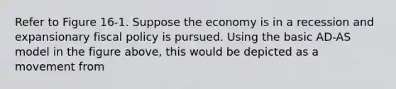 Refer to Figure 16-1. Suppose the economy is in a recession and expansionary fiscal policy is pursued. Using the basic AD-AS model in the figure above, this would be depicted as a movement from