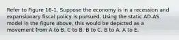 Refer to Figure 16-1. Suppose the economy is in a recession and expansionary fiscal policy is pursued. Using the static AD-AS model in the figure above, this would be depicted as a movement from A to B. C to B. B to C. B to A. A to E.