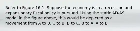 Refer to Figure 16-1. Suppose the economy is in a recession and expansionary fiscal policy is pursued. Using the static AD-AS model in the figure above, this would be depicted as a movement from A to B. C to B. B to C. B to A. A to E.