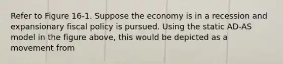 Refer to Figure 16-1. Suppose the economy is in a recession and expansionary <a href='https://www.questionai.com/knowledge/kPTgdbKdvz-fiscal-policy' class='anchor-knowledge'>fiscal policy</a> is pursued. Using the static AD-AS model in the figure above, this would be depicted as a movement from