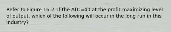 Refer to Figure 16-2. If the ATC=40 at the profit-maximizing level of output, which of the following will occur in the long run in this industry?