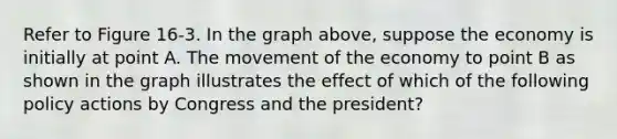 Refer to Figure 16-3. In the graph above, suppose the economy is initially at point A. The movement of the economy to point B as shown in the graph illustrates the effect of which of the following policy actions by Congress and the president?