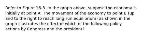 Refer to Figure 16-3. In the graph above, suppose the economy is initially at point A. The movement of the economy to point B (up and to the right to reach long-run equilibrium) as shown in the graph illustrates the effect of which of the following policy actions by Congress and the president?