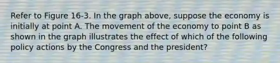 Refer to Figure 16-3. In the graph above, suppose the economy is initially at point A. The movement of the economy to point B as shown in the graph illustrates the effect of which of the following policy actions by the Congress and the president?