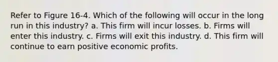 Refer to Figure 16-4. Which of the following will occur in the long run in this industry? a. This firm will incur losses. b. Firms will enter this industry. c. Firms will exit this industry. d. This firm will continue to earn positive economic profits.