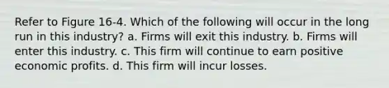 Refer to Figure 16-4. Which of the following will occur in the long run in this industry? a. Firms will exit this industry. b. Firms will enter this industry. c. This firm will continue to earn positive economic profits. d. This firm will incur losses.