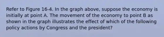 Refer to Figure 16-4. In the graph above, suppose the economy is initially at point A. The movement of the economy to point B as shown in the graph illustrates the effect of which of the following policy actions by Congress and the president?