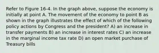 Refer to Figure 16-4. In the graph above, suppose the economy is initially at point A. The movement of the economy to point B as shown in the graph illustrates the effect of which of the following policy actions by Congress and the president? A) an increase in transfer payments B) an increase in interest rates C) an increase in the marginal income tax rate D) an open market purchase of Treasury bills