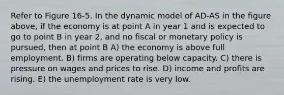 Refer to Figure 16-5. In the dynamic model of AD-AS in the figure above, if the economy is at point A in year 1 and is expected to go to point B in year 2, and no fiscal or monetary policy is pursued, then at point B A) the economy is above full employment. B) firms are operating below capacity. C) there is pressure on wages and prices to rise. D) income and profits are rising. E) the unemployment rate is very low.