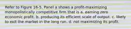 Refer to Figure 16-5. Panel a shows a profit-maximizing monopolistically competitive firm that is a. earning zero economic profit. b. producing its efficient scale of output. c. likely to exit the market in the long run. d. not maximizing its profit.