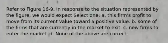 Refer to Figure 16-9. In response to the situation represented by the figure, we would expect Select one: a. this firm's profit to move from its current value toward a positive value. b. some of the firms that are currently in the market to exit. c. new firms to enter the market. d. None of the above are correct.