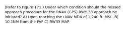 (Refer to Figure 171.) Under which condition should the missed approach procedure for the RNAV (GPS) RWY 33 approach be initiated? A) Upon reaching the LNAV MDA of 1,240 ft. MSL. B) 10.1NM from the FAF C) RW33 MAP