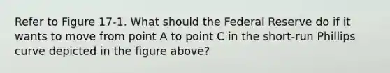 Refer to Figure 17-1. What should the Federal Reserve do if it wants to move from point A to point C in the short-run Phillips curve depicted in the figure above?