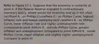 Refer to Figure 17-1. Suppose that the economy is currently at point A. If the Federal Reserve engaged in contractionary monetary policy, where would the economy end up in the short run?Point A - on Phillips CurvePoint C - on Phillips Curve, highest inflation rate and lowest unemployment ratePoint B - on Phillips Curve, lower inflation rate and higher unemployment rate (compared to point A)Point D - outside Phillips Curve, greater inflation and unemployment (compared to point A)Point E - inside Phillips Curve, lower inflation and slightly higher unemployment (compare to point A)