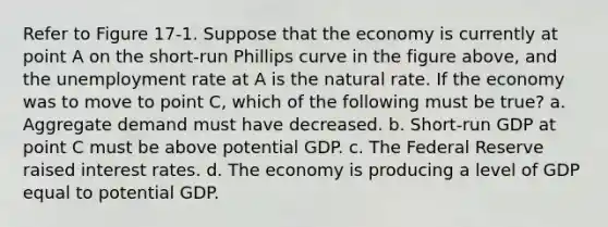 Refer to Figure 17-1. Suppose that the economy is currently at point A on the short-run Phillips curve in the figure above, and the unemployment rate at A is the natural rate. If the economy was to move to point C, which of the following must be true? a. Aggregate demand must have decreased. b. Short-run GDP at point C must be above potential GDP. c. The Federal Reserve raised interest rates. d. The economy is producing a level of GDP equal to potential GDP.