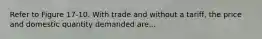 Refer to Figure 17-10. With trade and without a tariff, the price and domestic quantity demanded are...