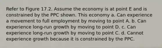 Refer to Figure 17.2. Assume the economy is at point E and is constrained by the PPC shown. This economy a. Can experience a movement to full employment by moving to point A. b. Can experience long-run growth by moving to point D. c. Can experience long-run growth by moving to point C. d. Cannot experience growth because it is constrained by the PPC.