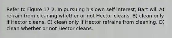 Refer to Figure 17-2. In pursuing his own self-interest, Bart will A) refrain from cleaning whether or not Hector cleans. B) clean only if Hector cleans. C) clean only if Hector refrains from cleaning. D) clean whether or not Hector cleans.