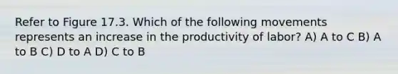 Refer to Figure 17.3. Which of the following movements represents an increase in the productivity of labor? A) A to C B) A to B C) D to A D) C to B