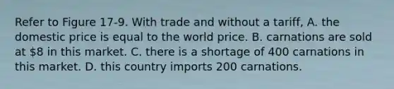 Refer to Figure 17-9. With trade and without a tariff, A. the domestic price is equal to the world price. B. carnations are sold at 8 in this market. C. there is a shortage of 400 carnations in this market. D. this country imports 200 carnations.