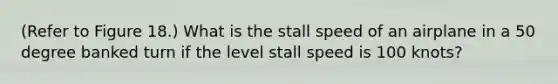 (Refer to Figure 18.) What is the stall speed of an airplane in a 50 degree banked turn if the level stall speed is 100 knots?