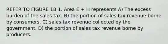 REFER TO FIGURE 18-1. Area E + H represents A) The excess burden of the sales tax. B) the portion of sales tax revenue borne by consumers. C) sales tax revenue collected by the government. D) the portion of sales tax revenue borne by producers.